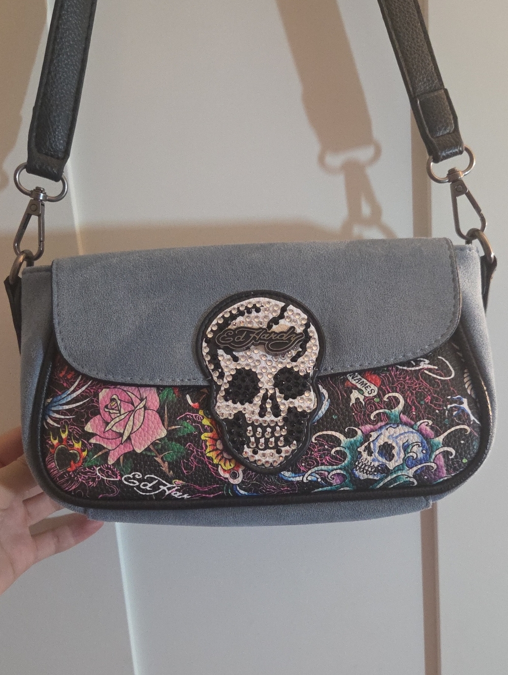 Ed Hardy Blue Floral Shoulder Bag with Rhinestone Skull